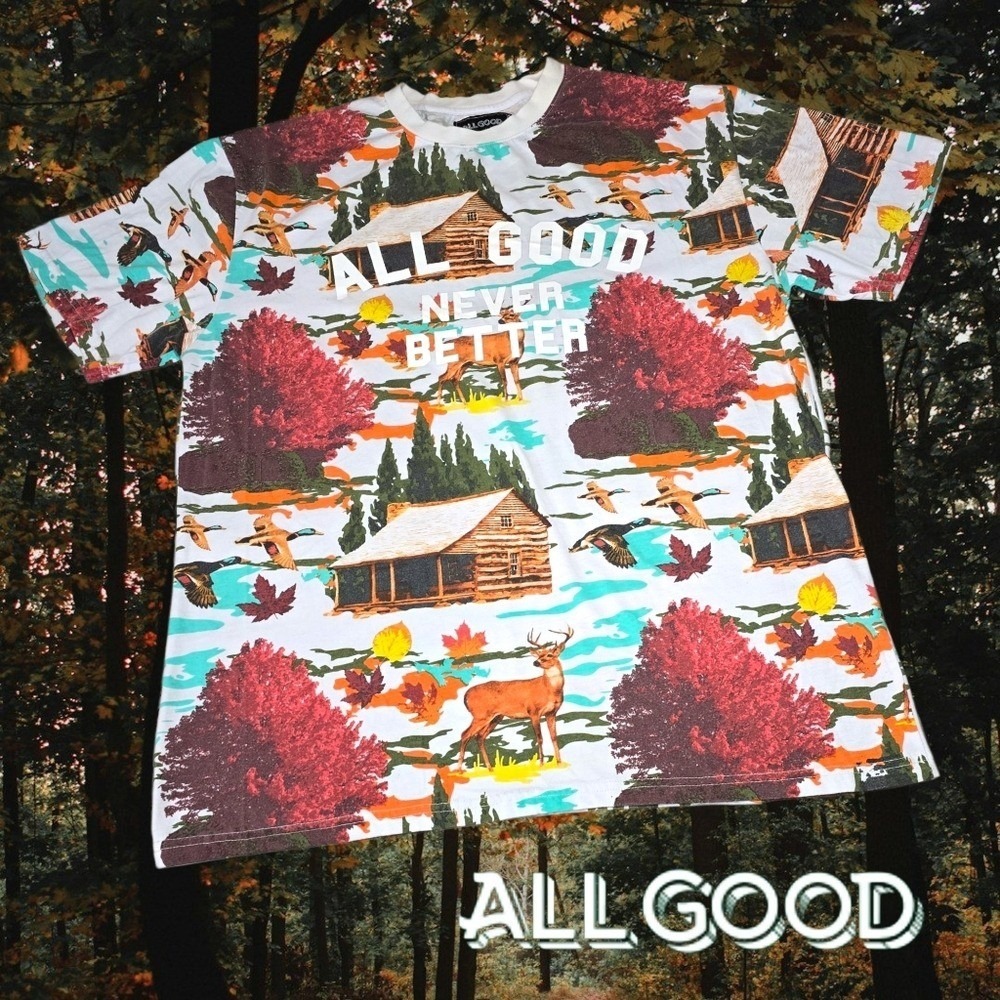 All Good Mens‎ Never Better Cabin Nature All Over Print T-Shirt White Multi XL
